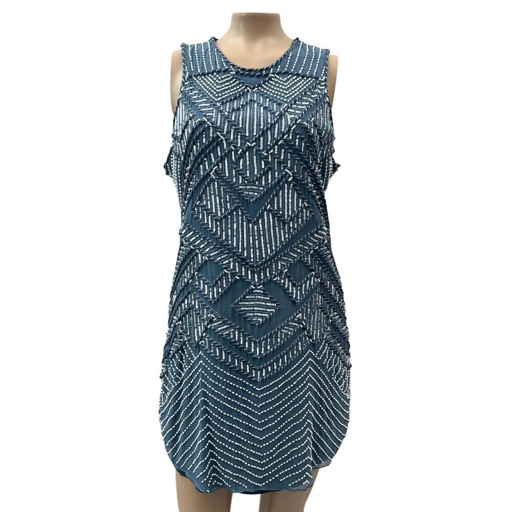 Parker NY Allegra Beaded Sequin Silk Cocktail Dress Blue‎ Sleeveless Women M